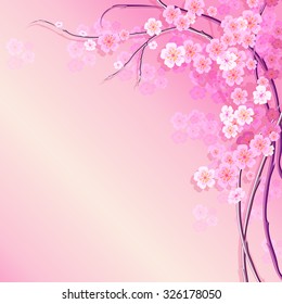 The Japanese style background template with branches and flowers of sakura. The branches and flowers have a shadow.