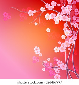 The Japanese style background template with branches and flowers of sakura.