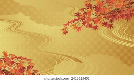 japanischer Hintergrund. Vektorgrafik auf goldenem Hintergrund mit Herbstblättern und Hasen