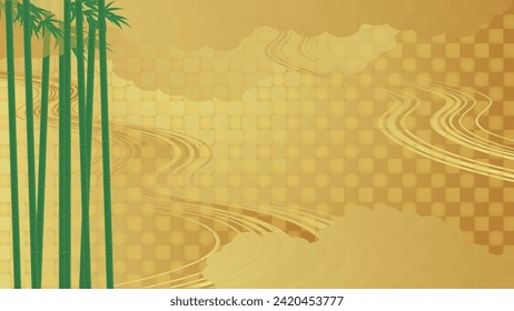 japanischer Hintergrund. Vektorgrafik auf goldenem Hintergrund mit grünem Bambus und Wolken