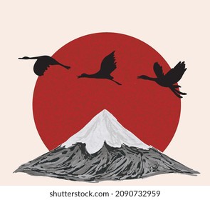 Japanese style background vector. Mountain, stork hand drawing vector illustration