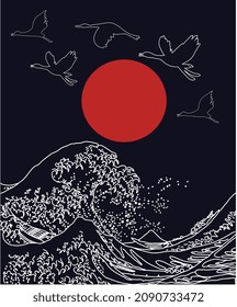 Japanese style background vector. Storks and wave on black background hand drawing vector illustration