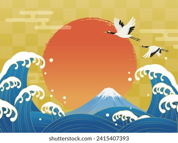 Japanese style background of waves, cranes and first sunrise