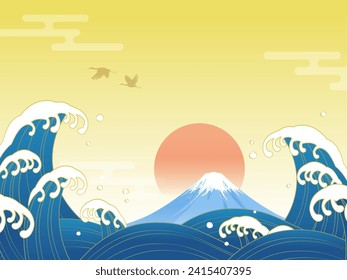 Japanese style background with waves and Mt.Fuji and sunrise