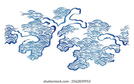 Japanese style blue illustration. Ink brush waves and Seigaiha. Brushstroke line drawing with images of splashes, whirlpools and the sea. Traditional pattern