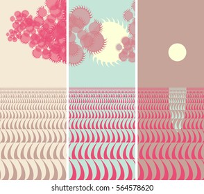 Japanese style bookmarks set with day and night above the ocean in pink and blue shades
