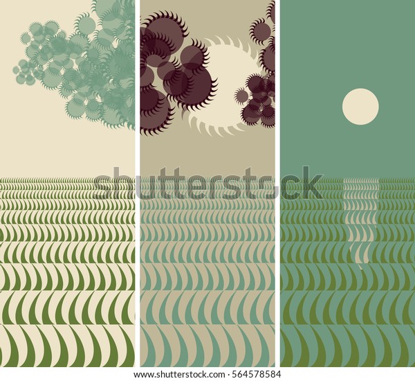 Japanese style bookmarks set with day and\
night above the ocean in brown and green\
shades