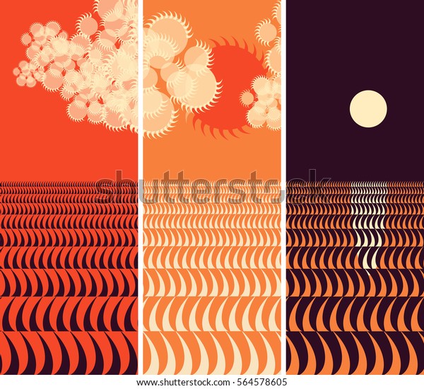 Japanese style bookmarks set with day and night\
above the ocean in orange\
shades