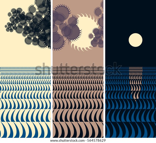Japanese style bookmarks set with sun\
and moon above the ocean in brown and dark blue\
shades