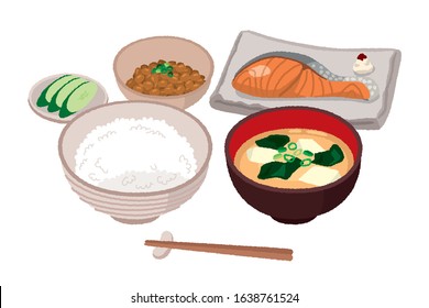 Japanese style breakfast grilled salmon and miso soup