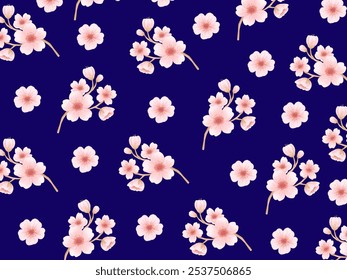 Patrón de flores de flor de cerezo de estilo japonés en fondo azul oscuro, conjunto de hermosas flores botánicas para envoltura de regalos, estacionario, tela, Tarjetas de regalo. Ilustración vectorial, colección de flores rosadas