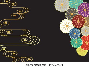 Japanese style chrysanthemum and running water pattern. Vector background material. 