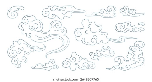 Japanese style cloud outlines - swirling Asia patterns with traditional spiral motifs, decorative Japan wind elements in blue line art. Oriental sky shapes design and Asian cultural decorations.