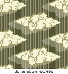 a japanese style clouds and rain seamless pattern in olive green shades