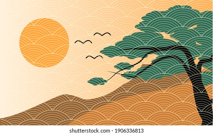 Japanese style contemporary landscape painting background art. Maori line pattern, batik, seamless design leads to ethnic minimalist traditional art,