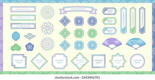 Japanese style decoration set for summer. Japanese pattern frame and fireworks illustration.