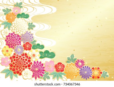 Japanese style decorative flowers and golden curved design