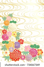 Japanese style decorative flowers and golden curved design