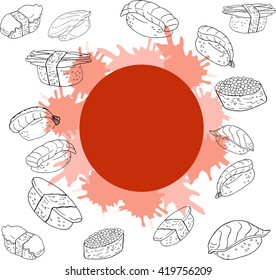 Japanese style design. Sushi set drawn by ink on white background, red circle, pink backdrops. Hand drawn vector illustration.