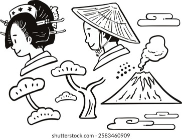 Japanese style Edo period line art illustration set