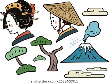 Japanese style Edo period line art illustration set