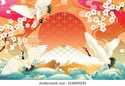 Japanese style element concept with cranes and mount fuji vector. Fuji mountain, Cranes and Chrysanthemum flowers, Japanese traditional pattern