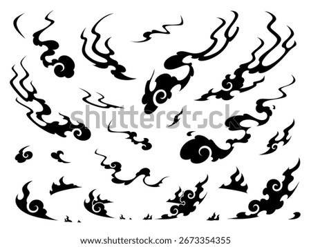 Japanese style flame effect silhouette illustration material set