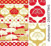 japanese style floral lotus pattern set in ivory red and gold color