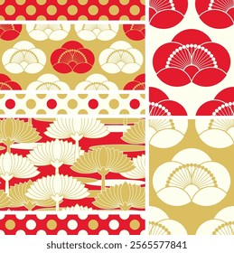 japanese style floral lotus pattern set in ivory red and gold color