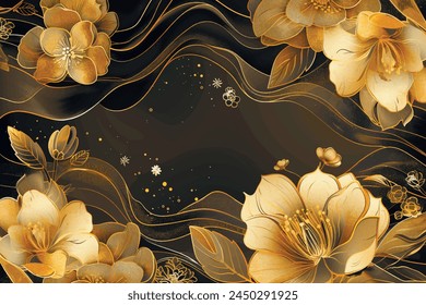 Japanese style floral pattern with watercolor yellow blossom exotic flowers, leaves and gold wavy lines on brown background. Vector botanical beautiful backdrop wallpaper illustration. Luxury decor.