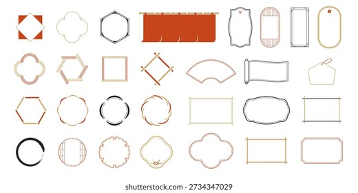 Japanese Style Frame and Decoration Set, Simple Wafu Border Design, New Year and Traditional Elements, Vector
