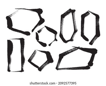 Japanese style frame set with polygonal ink brushes. Square, pentagon and hexagon. Vertical and horizontal. Collection of oriental style hair brush shapes.