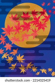 Japanese style full moon and autumn leaves background material