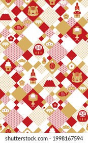 Japanese style geometric seamless pattern decorated with Japanese New Year's lucky charms