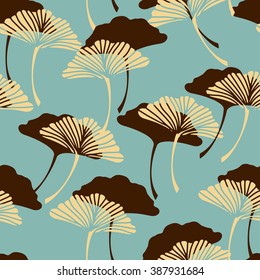 a  japanese style ginkgo biloba leaves seamless tile in a blue and chocolate brown color palette