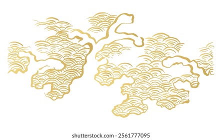 Japanese style golden illustration. Ink brush waves and Seigaiha. Brushstroke line drawing with images of splashes, whirlpools and the sea. Traditional pattern