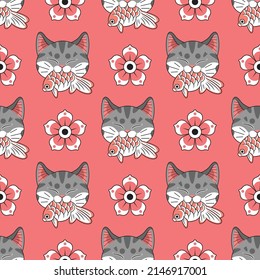 JAPANESE STYLE GREY CAT IS BITING A KOI FISH WITH FLOWERS IN RED BACKGROUND SEAMLESS PATTERN.