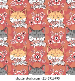 JAPANESE STYLE GREY AND ORANGE CAT IS BITING A KOI FISH WITH FLOWERS SEAMLESS PATTERN DESIGN.