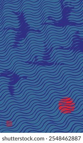 Japanese style hand drawn semi abstract line wave pattern with reflection of crane bird and moon, minimal ink brush line, wood carving, woodcut, engraving curve water, lake, river illustration