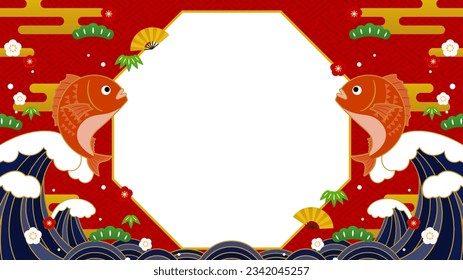 Japanese style horizontal frame template with sea ​​bream and big wave