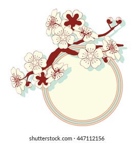 a Japanese style illustrated circle label with a cherry tree branch and flowers pattern in blue, brown and ivory