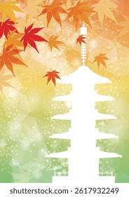 Japanese style illustration of autumn Japanese image: Autumn leaves and five-story pagoda, Kyoto, Nara