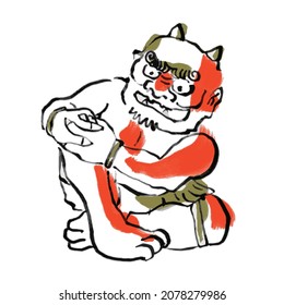 Japanese style illustration by brush. Full body of a red demon with two horns sitting and laughing. Simple color ink drawing. Setsubun