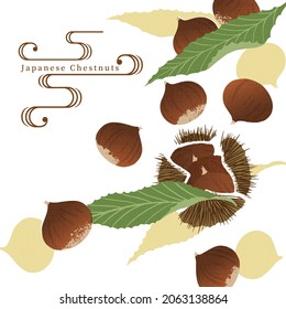 Japanese style illustration of chestnuts and leaves