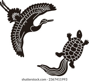 Japanese style illustration of crane and turtle (black)