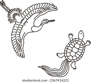 Japanese style illustration of crane and turtle (line drawing)