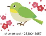 Japanese style illustration of a cute white-eye and plum blossoms