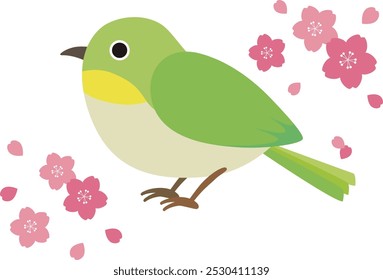 Japanese style illustration of a cute white-eye and cherry blossoms