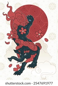 ilustração estilo japonês, criatura lendária baku, design de tatuagem, mitologia, fantasia