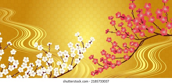 Japanese style illustration of running water and red and white plum blossoms on a gold leaf background